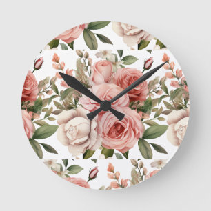 Schicke rosa Rosen Blumen Floraluhr Runde Wanduhr