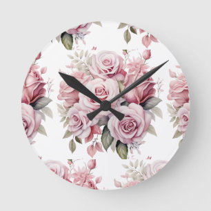 Schicke rosa Rosen Blumen Floraluhr Runde Wanduhr