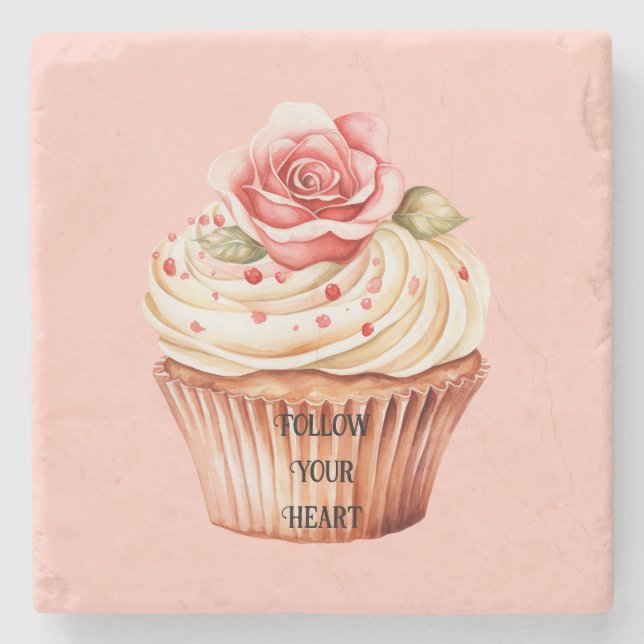 Schicke rosa Rosen-Cupcake Steinuntersetzer (Vorderseite)