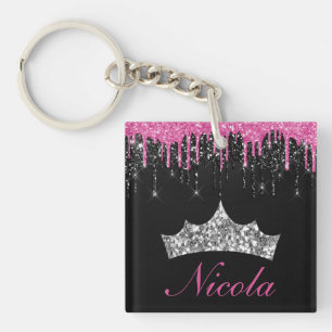 Schicke rosa schwarze Tröpfchen-Glitter-Tiara-Name Schlüsselanhänger