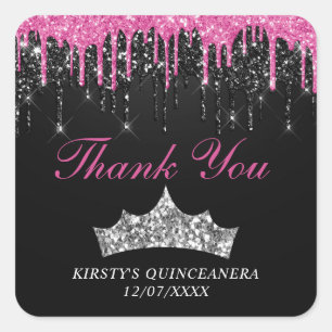 Schicke rosa schwarze tropfende Glitter-Tiara Quin Quadratischer Aufkleber