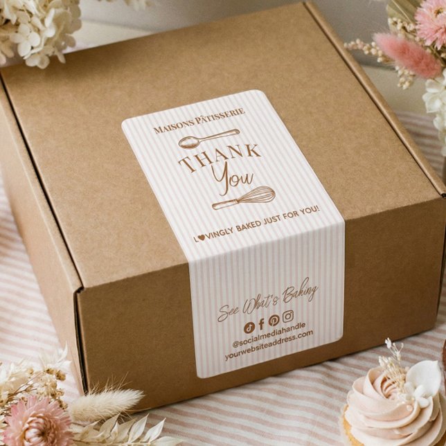 Schicke Rosa Streifen Quirl Löffel Danke Bäckerei  (Chic Pink Stripe Whisk Spoon Thank You Bakery Seal Label)