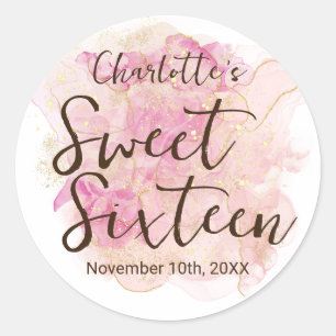 Schicke rosa und goldene Wasserfarben Sweet 16 Par Runder Aufkleber