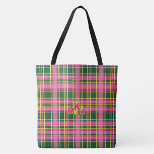 Schicke rosa und grüne karierte Tote Bag mit Monog