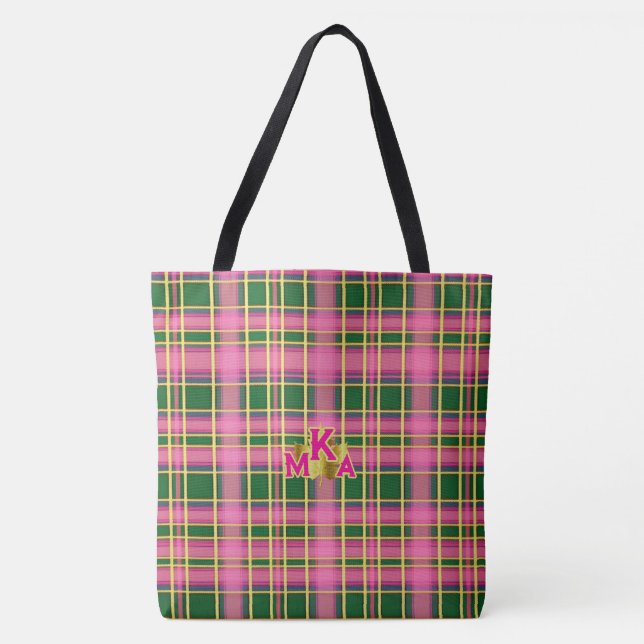 Schicke rosa und grüne karierte Tote Bag mit Monog (Vorderseite)