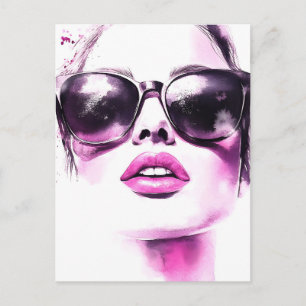 Schicke rosa Wasserfarbe Mode Frau Sonnenbrille Feiertagspostkarte