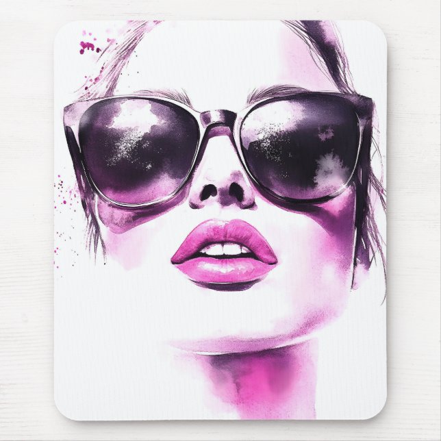 Schicke rosa Wasserfarbe Mode Frau Sonnenbrille Mousepad (Vorne)