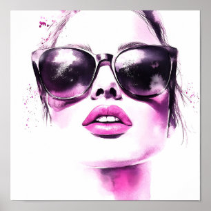 Schicke rosa Wasserfarbe Mode Frau Sonnenbrille Poster