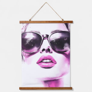 Schicke rosa Wasserfarbe Mode Frau Sonnenbrille Wandteppich Mit Holzrahmen