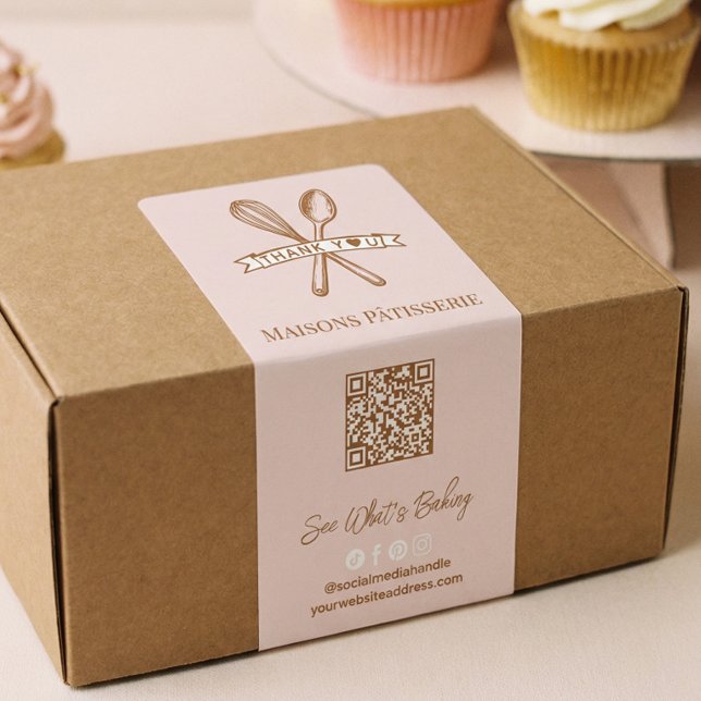 Schicke rosa Whisk-Spoon-Dankeschön-QR-Code-Bäcker (Chic Pink Whisk Spoon Thank You QR Code Bakery Box Label)