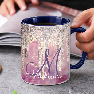 Schicke Rose Blush-Rosa-Glitter-Tropfen-Monogramm Tasse