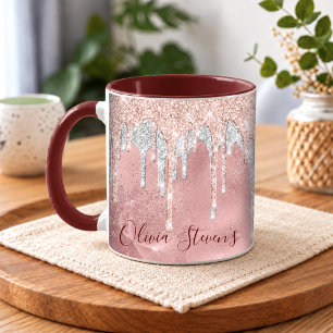Schicke Rose Blush Silber tropfendes Monogramm Tasse