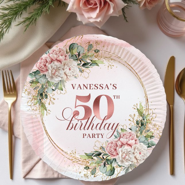 Schicke Roségold-Rot-Blumen-Grün 50. Geburtstag Pappteller (Chic Rose Gold Blush Floral Greenery 50th Birthday Paper Plates

)