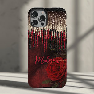 Schicke rote Blume goldene Tropfen Glitter Monogra Case-Mate iPhone 14 Hülle