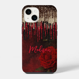 Schicke rote Blume goldene Tropfen Glitter Monogra iPhone 14 Hülle