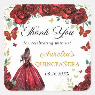 Schicke rote Rosen Floral Quinceañera Prinzessin A Quadratischer Aufkleber