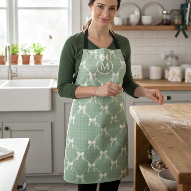 Schicke Schleifen Gingham Monogramm Creme Salbei G Schürze (Von Creator hochgeladen)