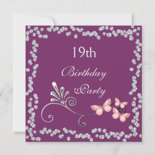 Schicke Schmetterlinge u. Diamant-19. Geburtstag Einladung
