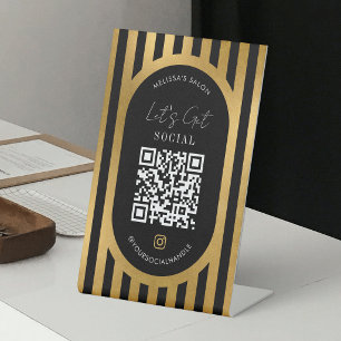 Schicke Schwarz & Gold Streifen Social Media QR Co Sockelschild