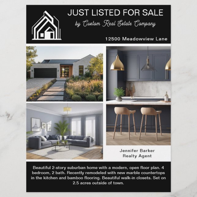 Schicke schwarze Immobilien-Objektpräsentation 2-s Flyer (Vorne)
