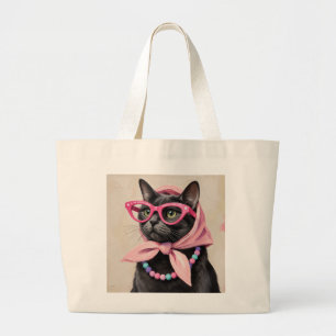 Schicke schwarze Katze mit rosa Babuschka-Schal Re Jumbo Stoffbeutel