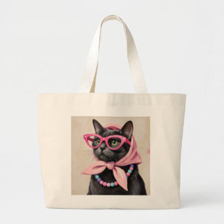 Schicke schwarze Katze mit rosa Babuschka-Schal Re Jumbo Stoffbeutel