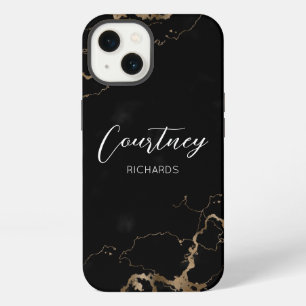 Schicke schwarze Marmor- und Gold-Glitter-Monogram iPhone 13 Hülle