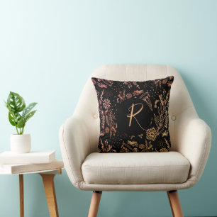 schicke schwarze Rose Gold botanische Muster-Monog Kissen