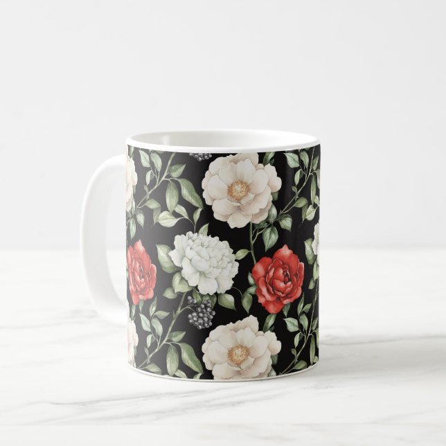 Schicke schwarze rote weiße Blumen Kaffeetasse (Vorderseite Links)