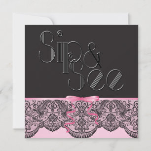 Schicke schwarze Spitze und rosa Sip and See Einladung