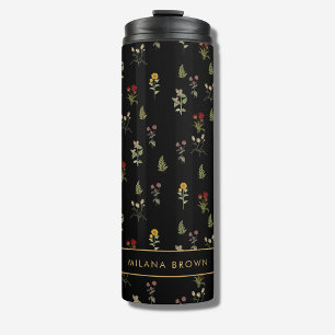 Schicke schwarze Vintage-Wildblumen-Muster  Thermosbecher