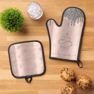 Schicke silberne Glitter-Tropfen Cupcake Rose Gold Ofenhandschuh & Topflappen-Set
