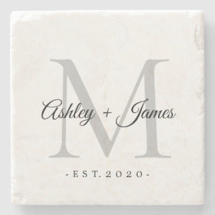 Schicke silberne Monogramm-Schrift-Namen Hochzeits Steinuntersetzer