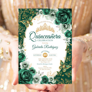 Schicke Smaragdgrün Gold Floral Quinceanera Einladung