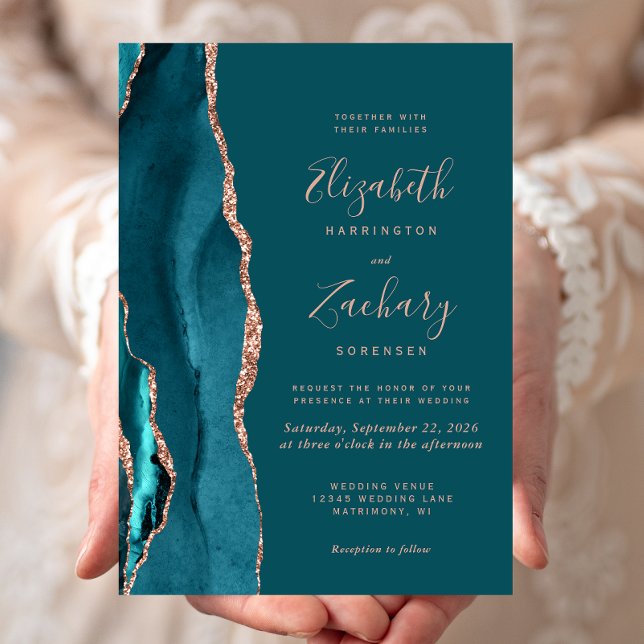 Schicke Teal-Roségold-Achat-Hochzeit Einladung (Von Creator hochgeladen)