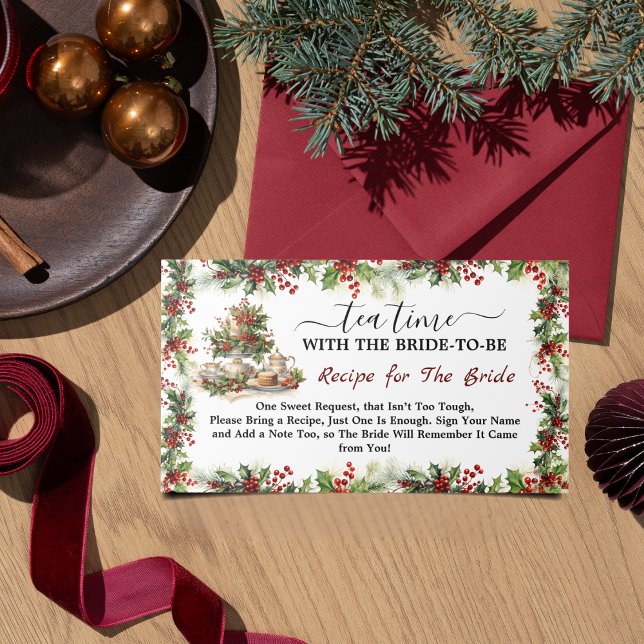 Schicke Teestunde zur Weihnachts-Hochzeits-Party R Begleitkarte (Chic Time for Tea Christmas Bridal Shower Recipe Enclosure Card holiday holly berries pine leaves )