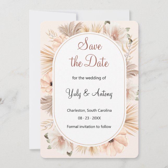 Schicke trockene Boho-Ovalbogen-Pampas-Eleganz Save The Date (Vorderseite)