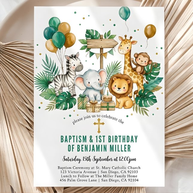 Schicke tropische Safari-Dschungel-Taufe zum 1. Ge Einladung (Chic Tropical Safari Jungle Baptism 1st Birthday Invitation)