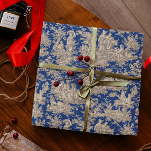 Schicke Vintage-Dunkelblaue Toile-de-Jouy-Szene Geschenkpapier