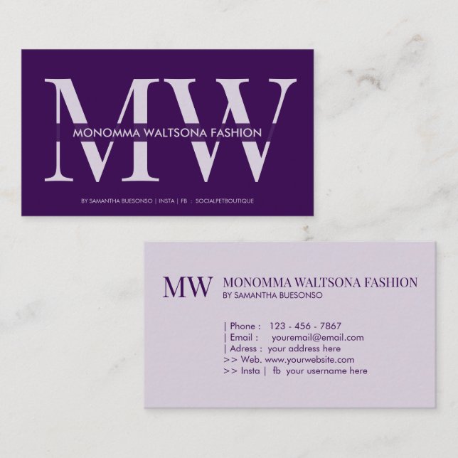 Schicke violette Typografie-Monogramm-Buchstabenna Visitenkarte (Vorne/Hinten)