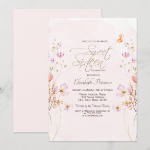 Schicke Wildblumen Rosa Aquarell Sweet 16 Einladung