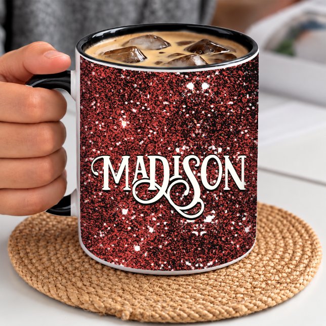 Schicke, wunderliche rote schwarze Glitter-Monogra Tasse (Von Creator hochgeladen)