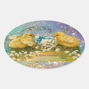 SCHICKEN,BLUME,EASTER EGG IN GOLD BLAUE GLITZERN OVALER AUFKLEBER