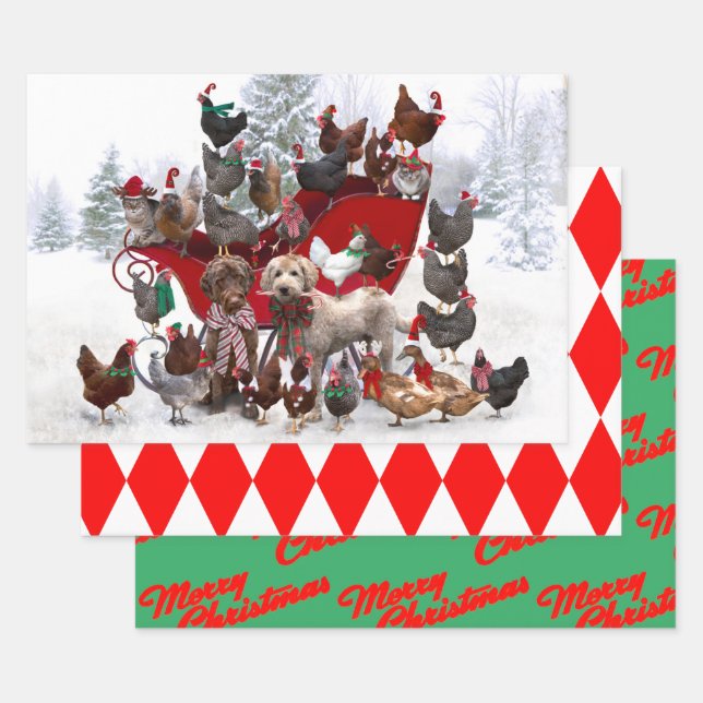 SCHICKEN MIT WEIHNACHTSMANNMÜTZEN UND HUNDEN-WRAPP GESCHENKPAPIER SET (Set)