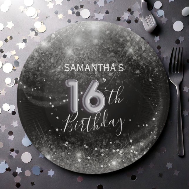 Schicker 16. Geburtstag Silber Glitter & Schwarz  Pappteller (Von Creator hochgeladen)