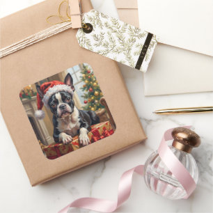 Schicker Boston Terrier Hund Weihnachtsgeschenk Quadratischer Aufkleber