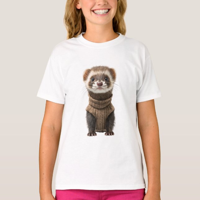 Schicker brauner Frettchen in einem gemütlichen Pu T-Shirt (Vorderseite)