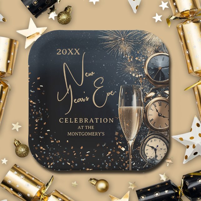 Schicker Champagner Silvesterabend Pappteller (Chic Champagne and Clocks New Year's Eve square paper plates, 7" or 9")