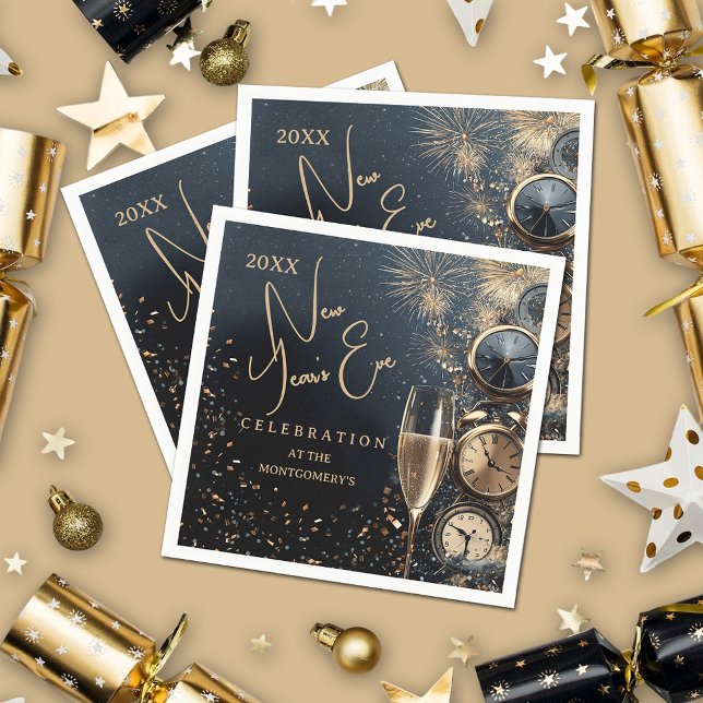 Schicker Champagner Silvesterabend Serviette (Chic Champagne and Clocks New Year's Eve party cocktail napkins)