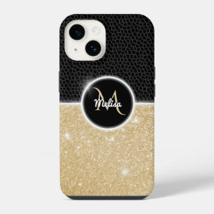 Schicker falscher Gold-Glitter-Schwarzes-Leder-Mon iPhone 14 Hülle
